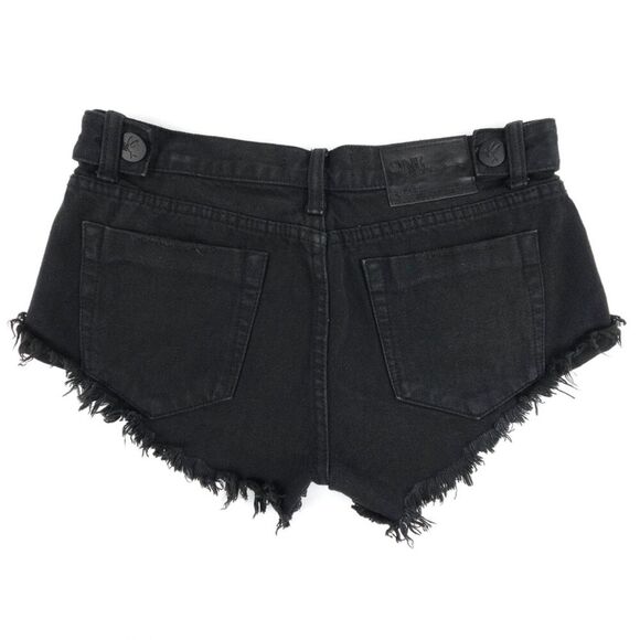 ONE TEASPOON No 2s Low Waist Jean Short Raw Curved Hem Black Denim Boho Grunge - Picture 6 of 10